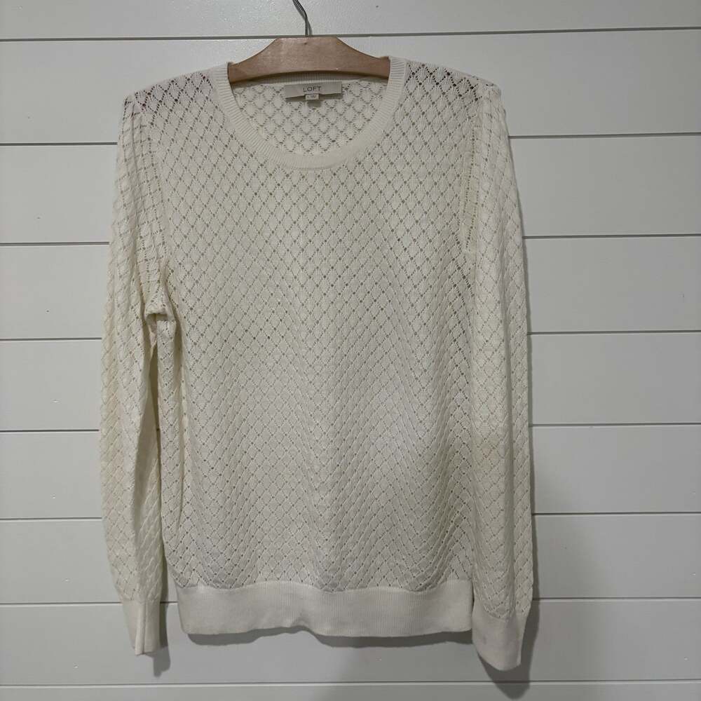 Ann Taylor LOFT | Sweater Cream Long Sleeve Pullover Open Knit Classic- Large